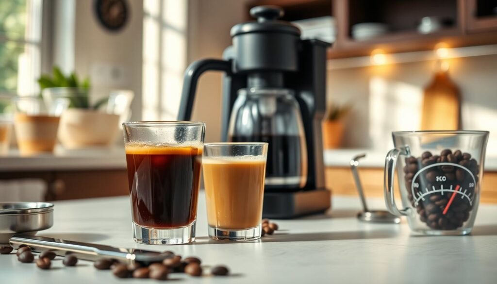 A beautifully arranged coffee setup showcasing various cold brew coffee ratios. In the foreground, a clear glass with a rich, dark cold brew concentrate sits beside a smaller glass of light-colored coffee, highlighting the difference in strength. A set of measuring tools, like a scale and measuring cup, are artistically placed nearby, emphasizing precision in ratios. In the middle, an elegant coffee maker with ice cubes and coffee beans adds texture and depth. The background features a softly blurred kitchen setting with natural light streaming in, casting warm tones across the scene. The mood is inviting and cozy, perfect for coffee enthusiasts. The angle captures the essence of preparation and enjoyment, with a focus on clarity and simplicity in the coffee experience.