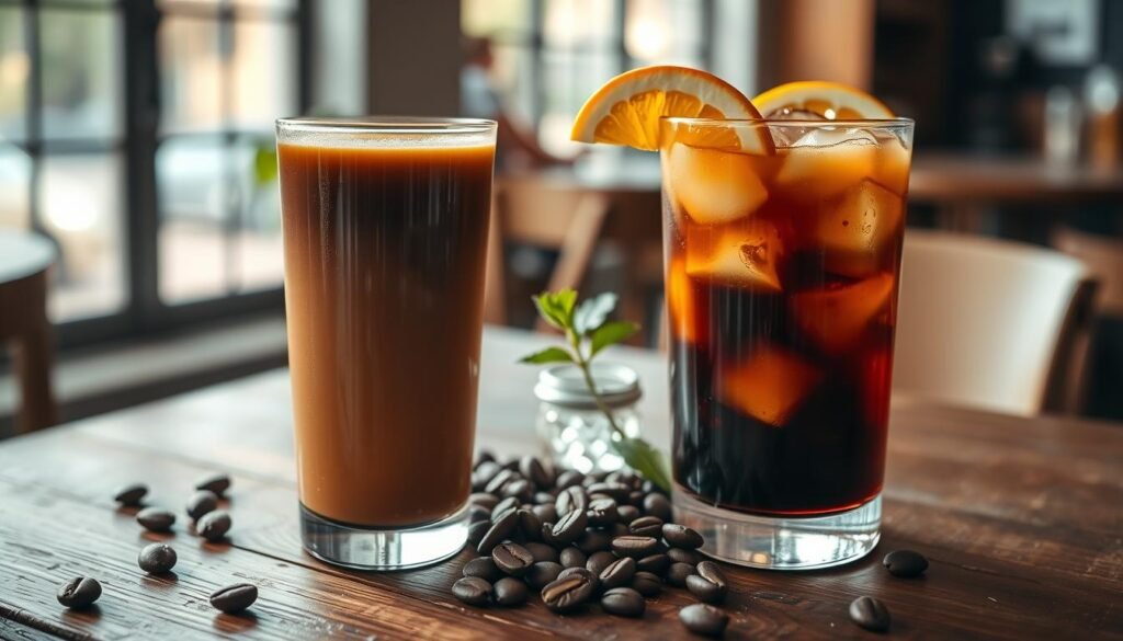 A beautifully arranged coffee tasting scene featuring a cold brew and iced coffee side by side on a rustic wooden table. In the foreground, a glass of smooth cold brew with a rich, dark hue, contrasted by a vibrant iced coffee garnished with ice cubes and a slice of orange. Both drinks are softly illuminated by natural sunlight pouring in from a nearby window, enhancing the textures of the ice and the glossy surface of the beverages. In the middle, scattered coffee beans and a delicate sprig of mint provide visual interest. The background is softly blurred, depicting a cozy café setting with warm tones and an inviting ambiance. The overall mood is relaxed and inviting, perfect for a coffee enthusiast exploring flavor nuances.