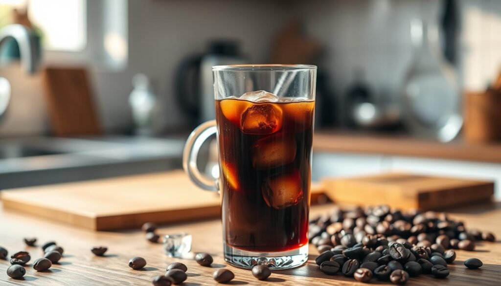 A beautifully arranged cold brew coffee setup, featuring a tall glass filled with dark, rich cold brew coffee, ice cubes clinking against the glass. In the foreground, a few coffee beans are scattered nearby, hinting at the brewing process. In the middle, a delicate pour-over setup with brewing equipment, showcasing the brewing method with a glass pitcher and a filter cone. Soft, natural lighting illuminates the scene from a nearby window, casting gentle shadows and highlighting the glossy surface of the cold brew. The background reveals a cozy kitchen ambiance with blurred hints of kitchen utensils, suggesting a home environment. The mood is inviting and refreshing, embodying the essence of cold brew's smooth, bold flavor.