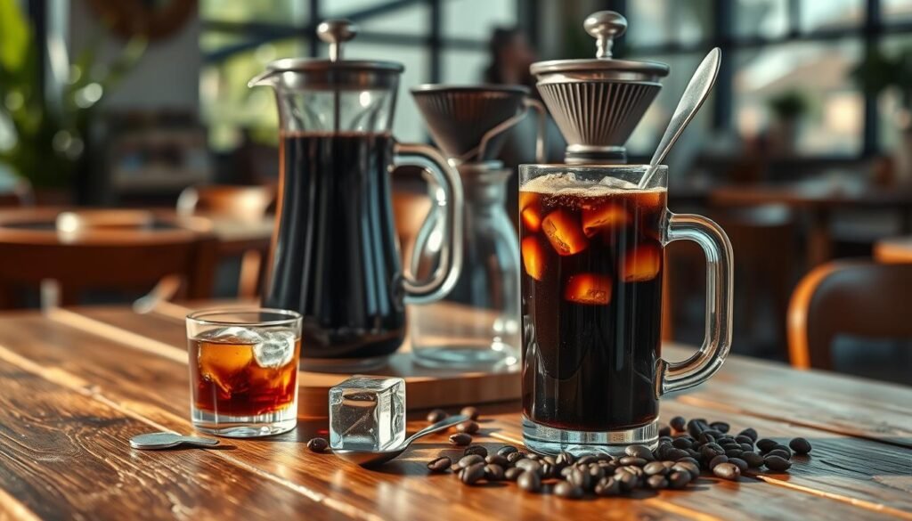 A beautifully arranged cold brew coffee setup on a rustic wooden table. In the foreground, a tall glass filled with dark, rich cold brew coffee, ice cubes glistening in the sunlight, and a long, elegant spoon resting beside it. The middle ground features a stylish cold brew coffee maker with a glass jug, intricate filters, and fresh coffee beans scattered around. In the background, a cozy café atmosphere with blurred hints of greenery and soft, natural light pouring in through large windows, creating a warm, inviting mood. The image is taken from a slightly elevated angle to capture all elements, with soft focus on the background to emphasize the cold brew setup.