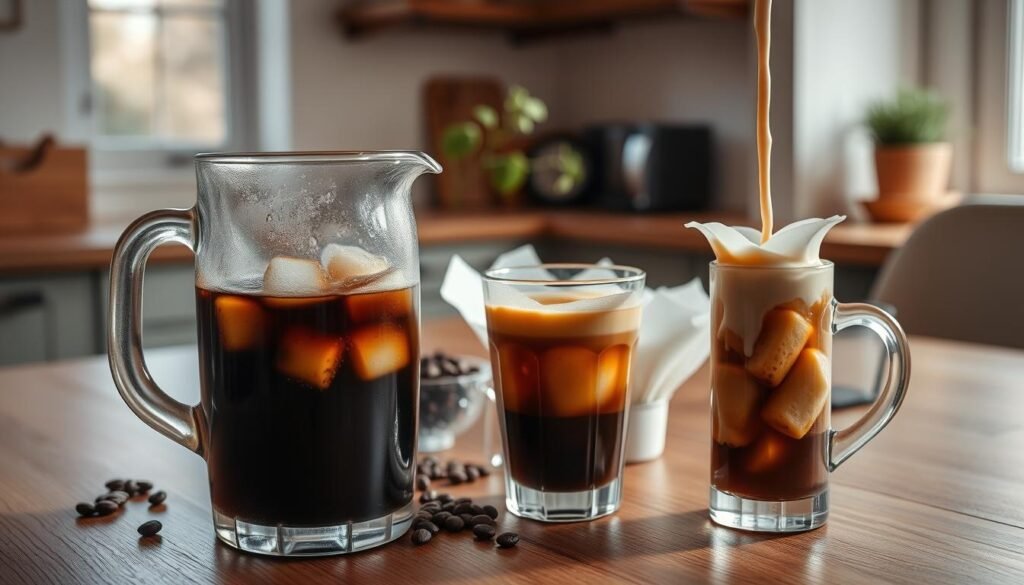 A beautifully arranged cold brew coffee setup on a wooden kitchen table. In the foreground, a large glass pitcher filled with dark, rich cold brew coffee, with ice cubes floating and condensation on the glass. Beside it, an elegant glass filled with cold brew, a splash of creamy milk being poured, creating a swirling effect. In the middle, a neatly organized selection of coffee beans, a measuring cup, and filter papers, hinting at the brewing process. In the background, soft morning light filters through a window, illuminating a small potted plant and a cozy coffee mug. The atmosphere is warm and inviting, evoking a sense of relaxation and indulgence in the art of making cold brew coffee.