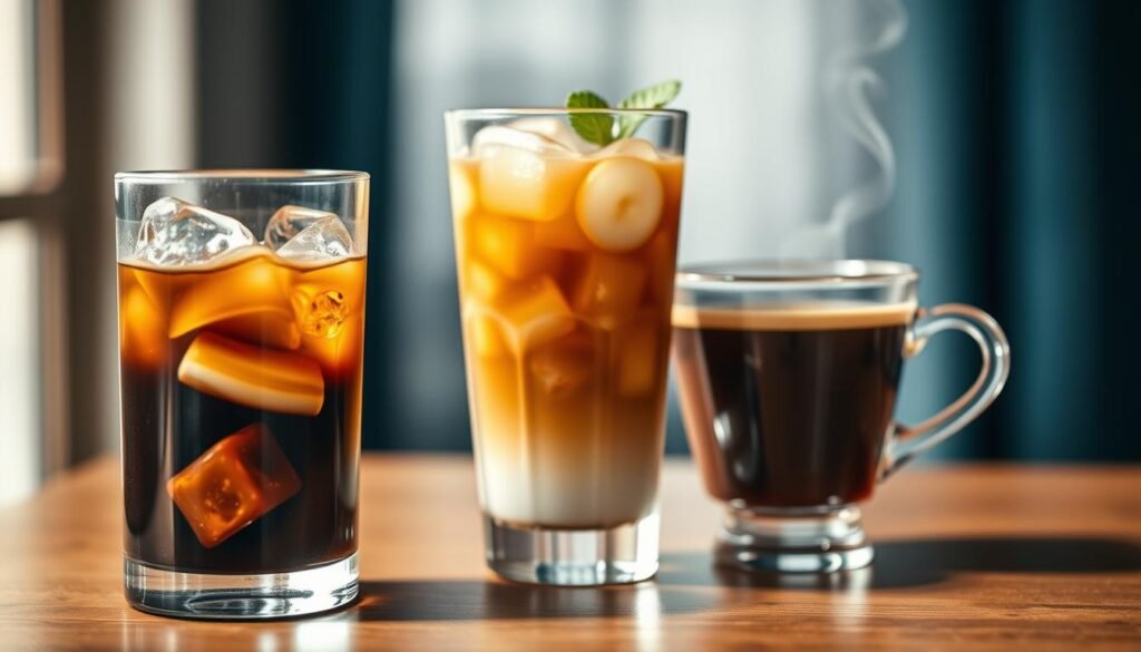 A beautifully arranged comparison of three types of cold coffee: cold brew, iced coffee, and hot coffee. In the foreground, feature a sleek glass of cold brew, dark and rich in color, with coffee ice cubes slowly melting, and a hint of cream swirls. Beside it, a tall, frosty glass of iced coffee filled with ice and garnished with a sprig of mint. In the background, depict a steaming cup of hot coffee with wisps of steam rising, placed on a wooden table. Soft, natural lighting illuminates the scene, creating a warm and inviting atmosphere. Use a shallow depth of field to focus on the coffee cups while softly blurring the background. The image should evoke a sense of calm and indulgence, perfect for coffee lovers.