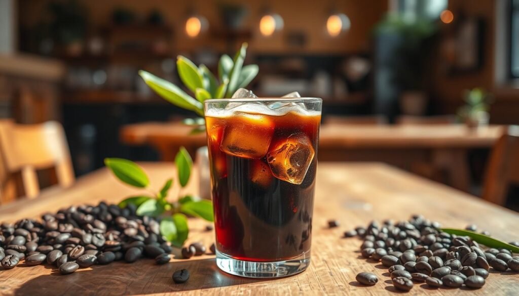A beautifully arranged cup of cold brew coffee sits prominently in the foreground, with rich, dark brew glistening in the sunlight. Ice cubes tumble into the glass, reflecting light as they create delicate ripples on the surface of the drink. Surrounding the cup, fresh coffee beans and lush green coffee plant leaves provide a natural frame. In the middle ground, a rustic wooden table showcases a small plant or succulent, adding warmth and charm. The background features a cozy café scene, softly blurred to maintain focus on the coffee, with warm, ambient lighting casting a welcoming glow. The overall mood is inviting and refreshing, capturing the essence of a local coffee gem in Concord.
