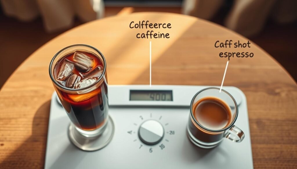 A beautifully arranged overhead view of a coffee table featuring a cold brew coffee and an espresso shot, emphasizing their caffeine content differences. In the foreground, a clear glass of cold brew, filled with ice and topped with a coffee bean garnish, sits next to a small espresso cup with rich brown crema. The middle ground includes a scientific scale measuring caffeine levels with annotations in the background showing "per ounce," "per shot," and "per cup." The setting is warm and inviting, with soft natural lighting streaming through a nearby window, creating a cozy atmosphere. Use a shallow depth of field to gently blur the background while focusing sharply on the coffee drinks, enhancing the details of the textures and colors.