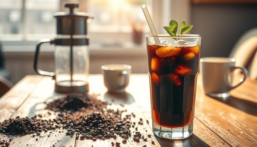 A beautifully arranged scene featuring a glass of cold brew coffee served over ice. In the foreground, showcase the glass filled with rich, dark cold brew, with droplets of condensation glistening on its surface. Add a straw and a small sprig of mint for a fresh touch. In the middle ground, place a rustic wooden table with coffee grounds, a brewing device like a French press or cold brew maker, and a pair of cups. In the background, softly blurred, include a window with sunlight streaming in, casting warm shadows to create a cozy atmosphere. Emphasize a warm, inviting mood as if it’s a bright morning, perfect for starting the day.