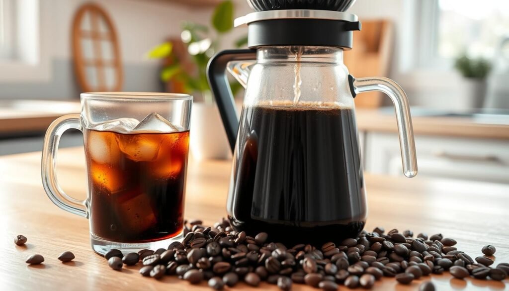 A beautifully arranged setup for brewing cold brew coffee. In the foreground, a glass pitcher filled with rich, dark cold brew coffee sits next to a glass filled with ice cubes, condensation visible on the glass. Surrounding the pitcher, freshly ground coffee beans spill onto a wooden surface. In the middle, a stylish, modern brewing apparatus showcases the brewing process, complete with water slowly dripping through the coffee grounds. Soft natural lighting illuminates the scene, creating a warm, inviting atmosphere. In the background, a bright kitchen countertop with a splash of greenery from a potted plant adds a refreshing touch; the focus remains on the brewing process. The overall mood conveys a sense of calmness and enjoyment, perfect for coffee lovers.
