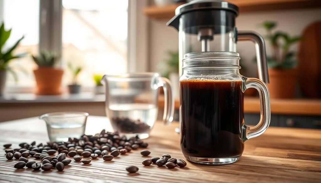 A beautifully arranged setup for making cold brew coffee at home. In the foreground, a clear glass jar with freshly brewed cold brew, dark and glossy, sits on a textured wooden surface. Beside it, whole coffee beans scattered artistically, and a measuring cup filled with water. In the middle ground, there's a brewing contraption, such as a French press or a dedicated cold brew maker, partially filled with coffee grounds and water. Behind, soft natural light filters through a window, casting gentle shadows and creating a warm ambiance. The background consists of a cozy kitchen setting with hints of greenery from potted plants, evoking a peaceful and inviting atmosphere ideal for coffee preparation. The overall mood is calm and focused, emphasizing the essentials for making cold brew coffee at home.
