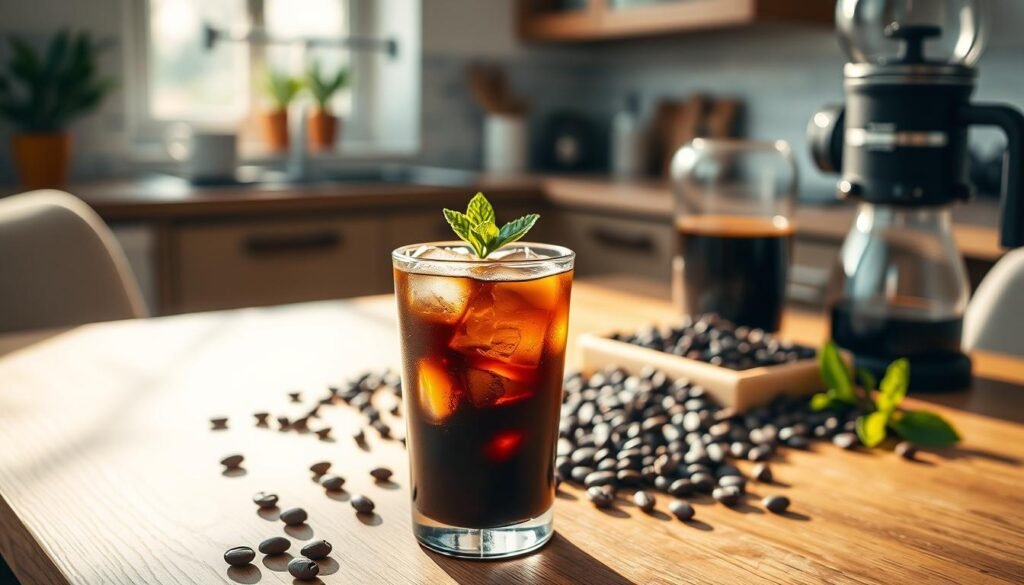 A beautifully crafted glass of cold brew coffee, filled with ice cubes, sits prominently in the foreground, showcasing its rich, dark color and smooth texture. The glass is garnished with a delicate sprig of mint, adding a refreshing touch. In the middle ground, an elegant wooden table spills over with coffee beans, a coffee grinder, and a brewing device, all softly lit to suggest a morning routine. The background features a sun-drenched kitchen with warm, inviting light filtering through a window, creating a cozy atmosphere. The mood is calm and refreshing, emphasizing the soothing qualities of cold brew coffee. The image captures a sense of indulgence and relaxation, perfectly illustrating the essence of cold brew coffee in daily life.