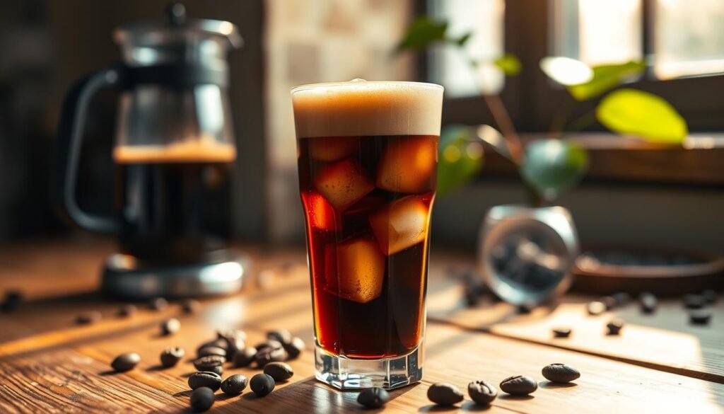 A beautifully crafted glass of cold brew coffee sits in the foreground, filled with rich, dark liquid and topped with a frothy layer of creamy foam. Ice cubes clink gently against the side of the glass, reflecting the warm, natural light that streams through a nearby window, creating a soft, inviting glow. The wooden table adds a rustic element, with coffee beans scattered artistically around the glass. In the background, a blurred coffee maker and fresh coffee grounds hint at the brewing process, while a leafy plant adds a touch of freshness. The mood is relaxed and sophisticated, evoking a sense of enjoyment and refinement, highlighting the smooth, lower acidity of cold brew in contrast to iced coffee's brighter notes.