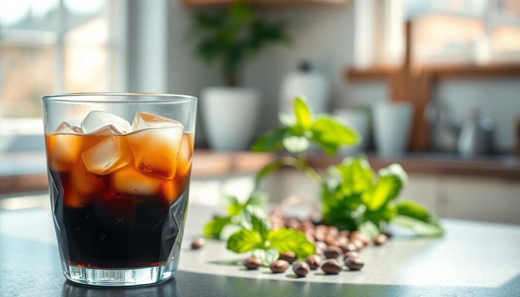 A beautifully crafted glass of cold brew coffee sits prominently in the foreground, with condensation glistening on its surface, highlighting its refreshing appeal. The coffee is rich and dark, with a few ice cubes gently floating on top. A subtle layer of cream swirls delicately within, creating an inviting contrast. In the middle ground, fresh mint leaves and coffee beans are artfully arranged, symbolizing health benefits. The background features a serene kitchen setting with natural light streaming through a nearby window, casting soft shadows that enhance the warm atmosphere. The image captures a moment of tranquility, inviting viewers to experience the rejuvenating essence of cold brew coffee, ideal for heart health and blood sugar management. Shot at a slight angle with a shallow depth of field, the focus remains on the cold brew coffee, creating a calming and wholesome vibe.