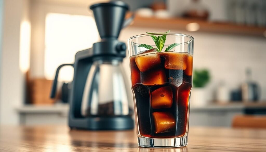 A beautifully styled glass of cold brew coffee sits prominently in the foreground, filled with dark, rich coffee and ice cubes, condensation forming on the sides. The coffee is garnished with a delicate sprig of mint resting on the rim. In the middle ground, a sleek, modern brewing station is visible, showcasing a cold brew coffee maker with coffee grounds and water, hinting at the brewing process. The background features a softly blurred kitchen environment with warm, natural light streaming through a window, creating an inviting and cozy atmosphere. The overall mood is refreshing and calm, emphasizing the artisanal nature of cold brew coffee. The image is shot with a shallow depth of field to focus on the glass, inviting viewers to immerse themselves in the experience of cold brewing.