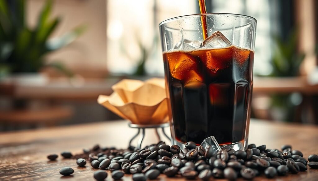 A close-up image of a freshly poured glass of cold brew coffee, showcasing its rich, dark brown color and icy texture. The foreground features condensation on the glass, with ice cubes glistening under soft, natural light. In the middle, a coffee filter and coarsely ground coffee beans are arranged, emphasizing the brewing process. The background is softly blurred, hinting at a cozy café setting with wooden tables and green plants, creating a warm yet refreshing atmosphere. The overall mood is inviting and energizing, capturing the essence of cold brew coffee, suitable for an article discussing caffeine content. The angle is slightly elevated, allowing for a clear view of the drink while maintaining an aesthetically pleasing composition.
