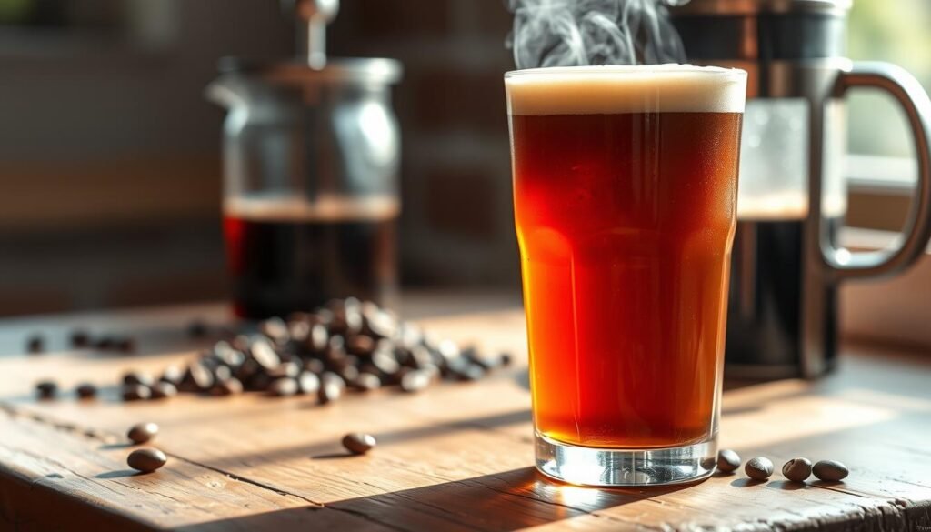 A close-up of a beautiful, rich glass of cold brew coffee, showcasing its deep amber color with a smooth, creamy foam on top. The glass is placed on a rustic wooden table, glistening with condensation. In the background, blurred coffee beans and a stylish French press hint at the brewing process. Soft, natural sunlight filters through a nearby window, casting warm highlights and creating an inviting atmosphere. A subtle steam rises from the cold brew, adding a touch of motion to the still life. Capture the essence of cold brew coffee with a focus on texture and refreshing appeal, evoking a sense of relaxation and indulgence. The composition should be clean and aesthetically pleasing, emphasizing the drink as the centerpiece.