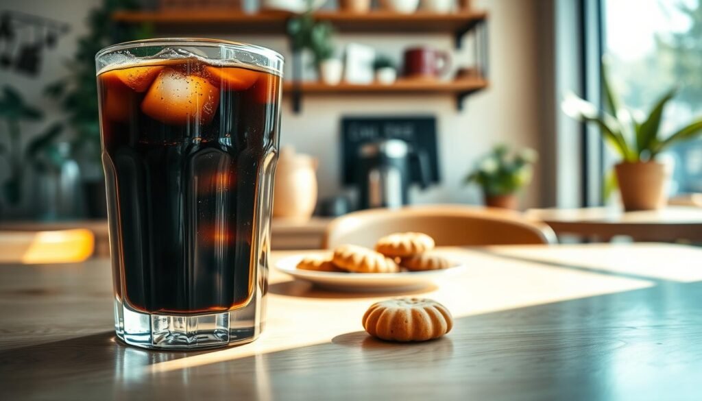 A close-up of a clear glass filled with dark, rich cold brew coffee, with ice cubes gently floating on top, glistening in the soft morning light. The glass is positioned on a light wooden table, reflecting hints of sunlight filtering through an airy café window in the background. A small plate of artisan cookies is subtly visible in the middle ground, adding warmth to the scene. The lighting is natural and inviting, creating a cozy atmosphere ideal for sipping coffee. In the background, blurred outlines of indoor plants and rustic shelves filled with coffee beans and mugs suggest a vibrant café environment. The mood is relaxed and serene, emphasizing the refreshing and smooth qualities of cold brew coffee.