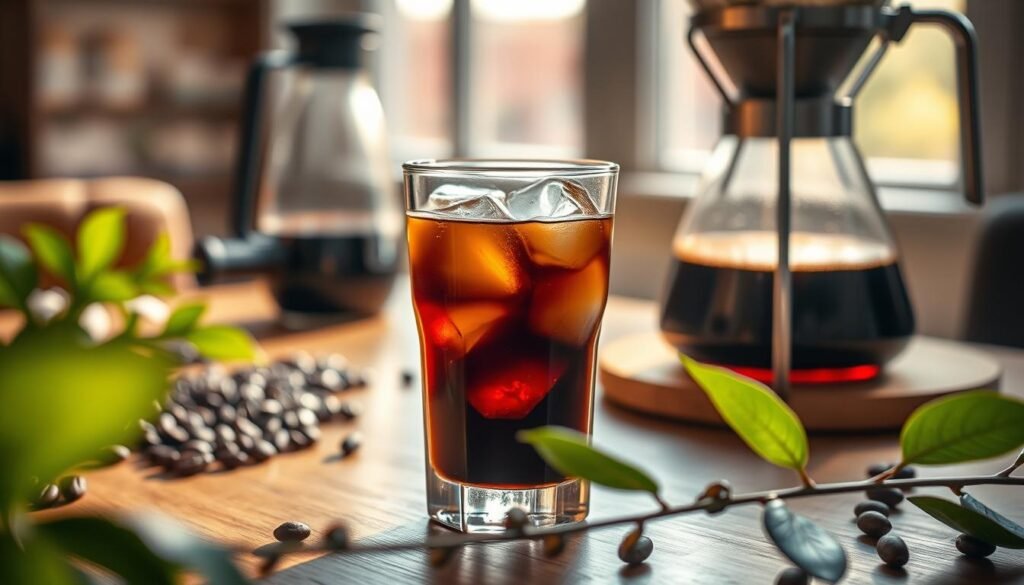 A close-up of a glass of cold brew coffee, filled to the brim with rich, dark liquid, sitting elegantly on a wooden table. The ice cubes inside glisten, contrasting against the smooth surface of the coffee. In the background, soft, blurred coffee beans and a sleek pour-over setup hint at the brewing process. Natural light filters in from a nearby window, casting warm, inviting shadows that enhance the rich tones of the coffee. The foreground is adorned with delicate coffee plant leaves, adding a touch of nature that emphasizes freshness. The overall atmosphere is cozy and relaxing, inviting the viewer to contemplate the experience of enjoying cold brew in a casual, yet sophisticated setting.