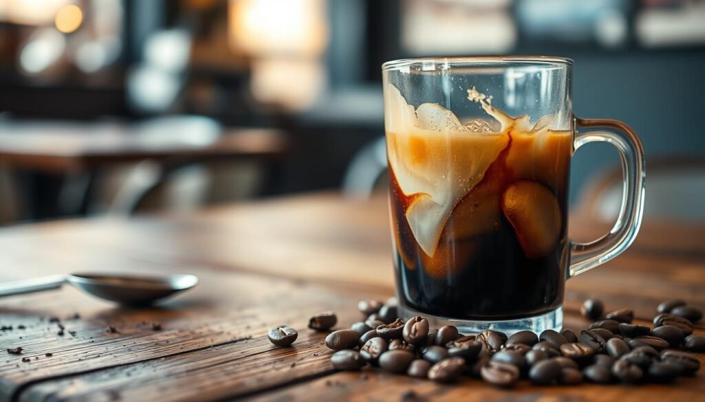 A close-up of a glass of cold brew coffee sitting on a rustic wooden table, condensation glistening on the glass. In the foreground, rich, dark liquid swirls gently with a hint of cream, creating an inviting marbled effect. To the side, a spoon rests, with remnants of coffee grounds, emphasizing the brew’s meticulous preparation. In the middle ground, soft, toasted coffee beans are scattered, showcasing their rich aroma. The background features a blurred café setting with soft, warm lighting, indicating a cozy atmosphere perfect for savoring cold brew. The image should capture the essence of taste, acidity, and mouthfeel, inviting viewers to experience the depth and smoothness of cold brew coffee. Use a shallow depth of field to draw focus to the glass and its details, creating an intimate and inviting mood.