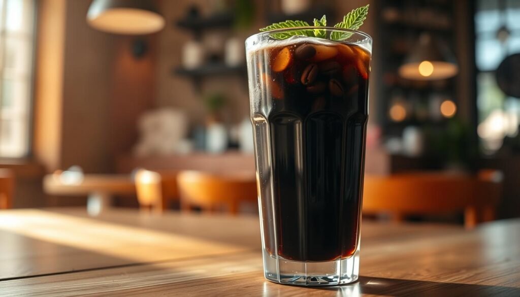 A close-up of a tall glass filled with rich, dark cold brew coffee resting on a wooden table. The icy beverage is garnished with a few coffee beans and a sprig of mint, reflecting condensation on the glass. In the background, soft focus shows a cozy café interior with warm, ambient lighting creating an inviting atmosphere. The scene is captured from a slightly elevated angle, emphasizing the refreshing nature of the drink. Sunlight filters through a nearby window, casting gentle highlights on the surface of the cold brew, enhancing the depth of color. The mood conveys a sense of relaxation and satisfaction, perfect for illustrating the energizing caffeine content of cold brew coffee.