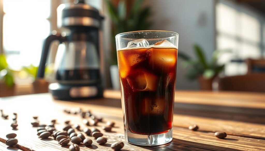 A close-up of a tall glass of cold brew coffee, glistening with condensation, filled to the brim with dark, rich liquid. The glass is set on a rustic wooden table with a light scattering of coffee beans around it. Sunlight filters through a nearby window, casting soft, warm highlights across the surface of the drink, creating an inviting atmosphere. In the background, a blurred image of a sleek coffee maker can be seen, reinforcing the coffee theme, while hints of natural greenery suggest a cozy café setting. The focus is sharp on the glass, emphasizing the texture of the coffee and the ice cubes floating within. The overall mood is refreshing and energizing, perfect for showcasing the allure of cold brew coffee in comparison to espresso.