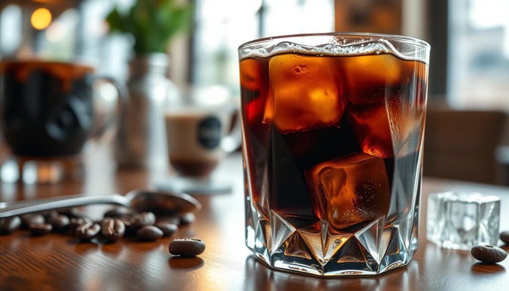 A close-up of an elegantly crafted glass filled with coffee ice cubes, glistening with condensation, the rich dark brown color of cold brew coffee visible beneath them. The foreground showcases the intricate texture of the ice, capturing the light and casting delicate shadows. In the middle, soft-focus elements like coffee beans and a vintage spoon lay scattered, hinting at the brewing process. In the background, a blurred café setting with warm, inviting lighting evokes a cozy atmosphere. The scene conveys the refreshing nature of coffee ice, emphasizing clarity and richness, with an overall warm and inviting mood. Use a shallow depth of field to accentuate the foreground, and capture the image with natural daylight for a fresh, uplifting feel.