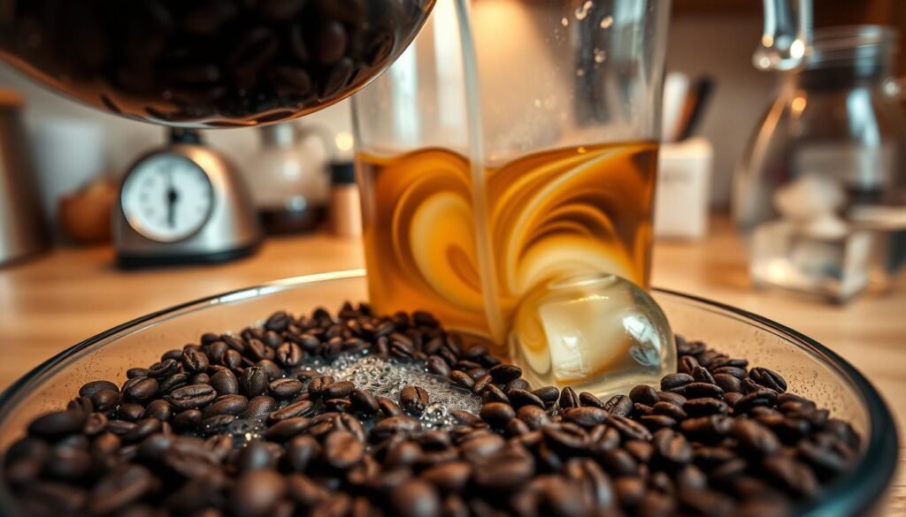 A close-up scene of freshly ground coffee beans being steeped in a transparent container with cold water, showcasing the brewing process of cold brew coffee. In the foreground, emphasize the rich, dark coffee grounds and the gentle bubbles forming as water seeps through. In the middle ground, highlight the transparent brewing vessel, capturing the swirling movement of the coffee extraction. The background features a soft-focused kitchen countertop, adorned with coffee-making tools like a scale, measuring jug, and ice cubes, hinting at efficient brewing. Use warm, ambient lighting to create a cozy and inviting atmosphere, with soft shadows adding depth. The angle should be slightly above eye level, focusing on the brewing action, conveying a smart and practical approach to extending the shelf life of cold brew coffee.