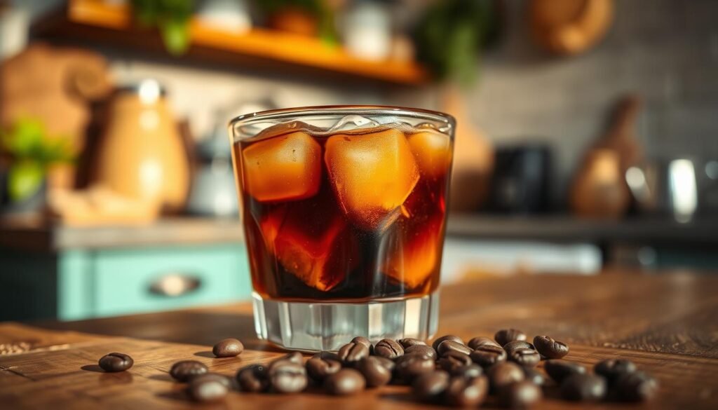 A close-up shot of a beautifully crafted glass of cold brew coffee, resting on a rustic wooden table. The coffee, dark and rich, is filled with ice cubes that glisten in the soft, natural light, highlighting the deep caramel colors. In the foreground, a few coffee beans are scattered, adding texture and depth. The background features blurred out elements of a cozy kitchen with hints of greenery, emphasizing a relaxed, inviting atmosphere. The lighting is warm and gently diffused, suggesting morning or early afternoon, creating a refreshing and revitalizing mood. The angle is slightly tilted, offering a dynamic view of the cold brew’s glossy surface, inviting viewers to imagine the unique flavor and experience of sipping iced coffee on a sunny day.