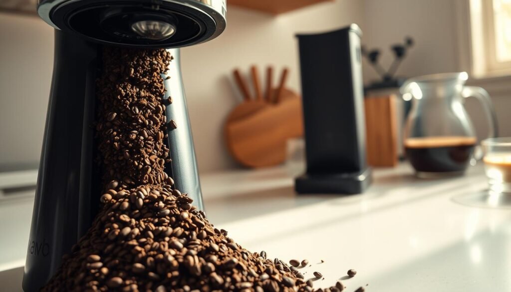 A close-up shot of a coffee grinder in action, with freshly ground coffee beans spilling into a sleek, modern brewing device designed for cold brew espresso. The foreground features the rich, dark coffee grounds, highlighting the coarse grind size essential for cold brewing. In the middle, the brewing device showcases its elegant design, set against a clean kitchen countertop. Soft, natural lighting filters in from a nearby window, casting warm tones across the scene. In the background, blurred out, are a few coffee accessories like a scale and a glass pitcher, creating a relatable home coffee setup atmosphere. The overall mood is inviting and warm, emphasizing the passion of coffee preparation.