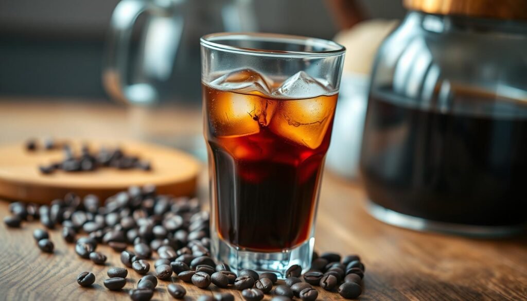 A close-up shot of a glass of cold brew coffee, featuring rich, dark amber liquid with a smooth, inviting texture. Ice cubes float in the drink, glistening under soft, natural light that highlights the condensation on the glass. The foreground showcases a wooden table with coffee beans scattered artistically around the base of the glass, creating an earthy feel. In the background, out of focus, there are hints of fresh coffee grounds and brewing equipment, such as a cold brew maker, giving context to the cold brew process. The overall mood is refreshing and invigorating, capturing the essence of a perfect cup of cold brew coffee, while emphasizing its subtle nuances and health benefits. The angle is slightly tilted to create a dynamic perspective, drawing the viewer’s eye to the drink.