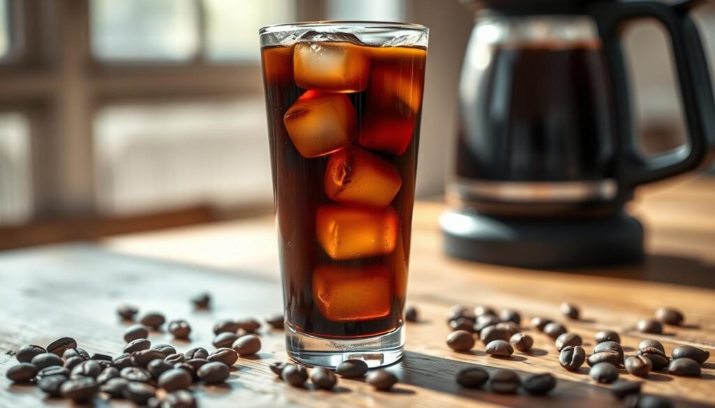 A close-up shot of a tall glass of cold brew coffee filled with dark, rich liquid, ice cubes slowly melting inside. The glass is placed on a rustic wooden table with scattered coffee beans around it, showcasing the brewing process. A blurred coffee maker in the background hints at the brewing mechanics, with a soft focus on the equipment. Natural light filters through a nearby window, creating soft highlights and shadows that enhance the inviting warmth of the scene. The atmosphere is tranquil and deliberate, reflecting the meticulous brewing method that leads to lower acidity in cold brew. The composition should emphasize clarity and texture, inviting viewers to visually explore the nuances of the beverage.