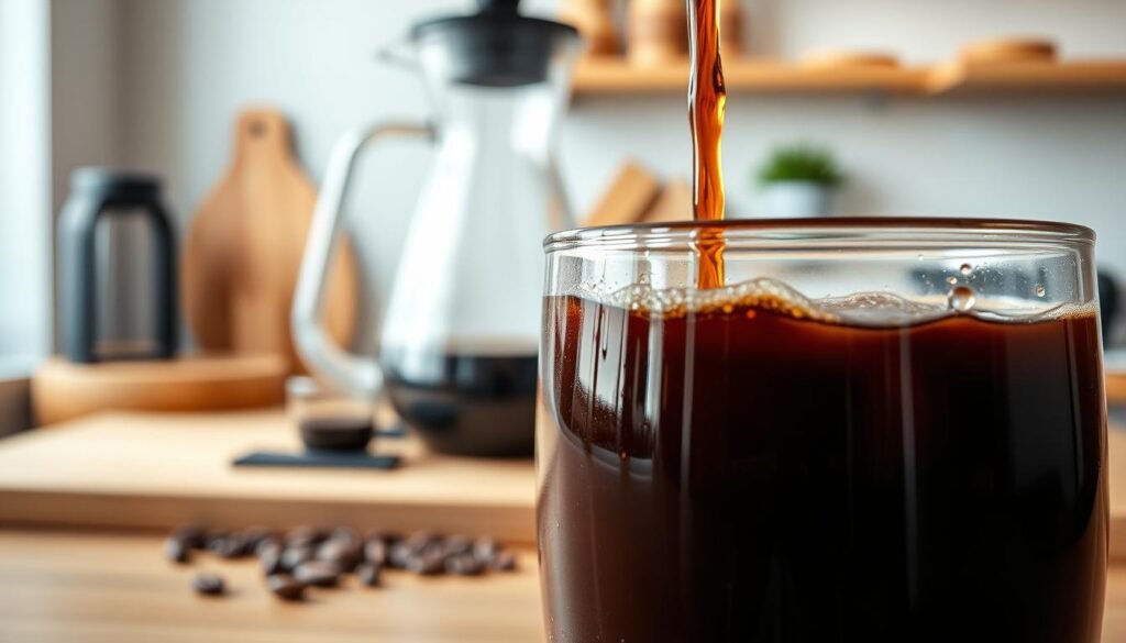 A close-up shot of cold brew coffee poured into a clear glass, showcasing its rich, dark brown color and smooth surface. The foreground features droplets of condensation on the glass, emphasizing the refreshing nature of the beverage. In the middle ground, a sleek kitchen setup with coffee brewing equipment like a cold brew maker, glass carafe, and coarsely ground coffee beans, highlighting the process of achieving consistency in cold brew preparation. The background is softly blurred, depicting a cozy kitchen with wooden elements and warm lighting, creating an inviting atmosphere. The image should be bright and visually appealing, with a focus on clarity and detail to convey the essence of cold brew coffee consistency.