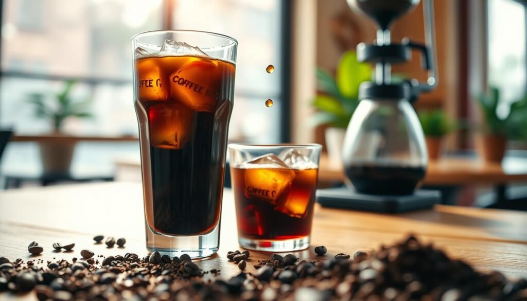 A close-up view of a beautifully crafted glass of cold brew coffee, showcasing the rich, dark liquid with ice cubes glistening in the light. In the foreground, delicate coffee grounds are artistically scattered, hinting at the extraction process. The middle ground features a soft-focus coffee brewing setup, with a sleek cold brew tower and a drop of coffee slowly dripping, symbolizing the slow extraction method. The background is a warm, cozy café setting, with blurred wooden tables and a hint of greenery from potted plants. Soft, natural light filters through the window, creating an inviting and relaxed atmosphere. The overall mood is rich and contemplative, reflecting the depth of flavor in cold brew coffee.