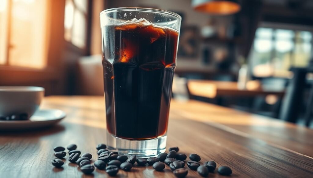 A close-up view of a beautifully crafted glass of cold brew coffee sitting on a wooden table. The cold brew is rich, dark, and served over ice, with condensation on the outside of the glass, suggesting refreshment. Surrounding the glass are a few coffee beans scattered on the table, evoking a sense of freshness and quality. In the background, soft focus reveals a cozy café setting with warm, natural lighting that creates an inviting atmosphere. The sunlight filters through a nearby window, casting gentle shadows and highlighting the textural details of the wood and glass. Capture this scene from a slightly elevated angle to accentuate the layers of the drink and the artwork of the café environment. The overall mood is relaxed and inviting, perfect for showcasing the appeal of cold brew coffee.