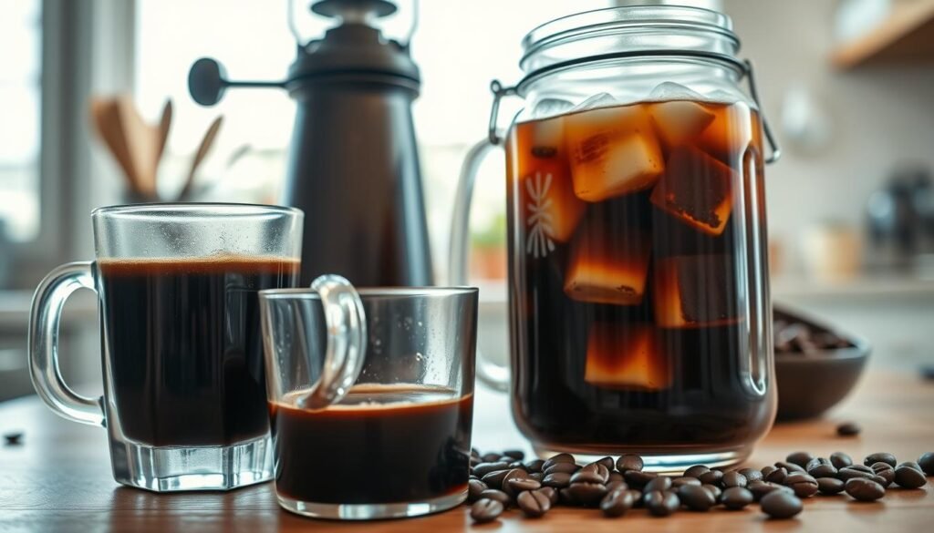 A close-up view of a coffee brewing setup, showcasing the contrasting methods of extraction for cold brew and hot coffee. In the foreground, a rich, dark hot coffee is steaming in a clear glass mug, with droplets of condensation on the outside. Beside it, a sleek, glistening jar of cold brew coffee, with ice cubes elegantly floating within. The middle ground features a coffee grinder and various coffee beans, some freshly ground, highlighting the process of brewing. In the background, a softly lit kitchen setting, with natural light streaming in through a window, creating a warm and inviting atmosphere. The lens is set to a slight macro focus, emphasizing the textures of the coffee and the brewing equipment, while maintaining a blurred background to draw attention to the subject.