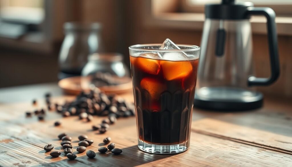 A close-up view of a glass of cold brew coffee, featuring rich, dark liquid with ice cubes that glisten, positioned on a rustic wooden table. In the foreground, droplets of condensation can be seen on the glass, enhancing the freshness. The background subtly includes blurred coffee beans and a stylish coffee brewing device, suggesting the preparation method. Soft, natural lighting filters through a nearby window, creating a warm, inviting atmosphere, highlighting the deep tones of the coffee. The overall mood is calming, ideal for a coffee enthusiast’s retreat, capturing the essence of cold brew coffee’s unique character compared to traditional iced coffee.