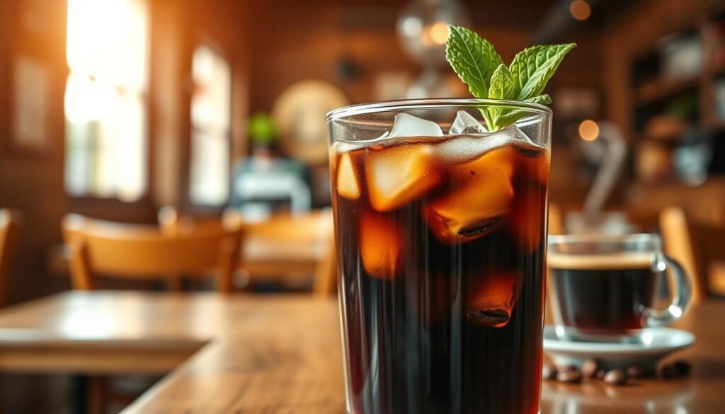 A close-up view of a glass of cold brew coffee filled with dark, rich liquid, ice cubes glistening within. The glass is adorned with a coffee bean garnish and a sprig of mint for a fresh touch. In the background, a blurred café setting with wooden tables and soft lighting enhances the ambiance. A steaming espresso shot and a small cup are subtly placed to the side, highlighting the contrast between the two coffee types. The scene is illuminated by warm, natural light filtering through a window, creating a cozy and inviting atmosphere. The composition focuses on the textures of the coffee and the coolness of the drink, evoking a refreshing and indulgent vibe.