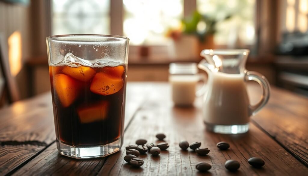 A close-up view of a glass of cold brew coffee filled with rich, dark liquid, sitting on a rustic wooden table. In the foreground, the glass features condensation around the edges, reflecting the light. Ice cubes float in the coffee, glinting in the warm, natural sunlight streaming in from the side. In the middle ground, a few coffee beans are scattered and a small milk pitcher, half-filled with cream, hints at flavor adjustments. The background showcases a cozy kitchen setting with soft-focus greenery outside a window, adding to a relaxed atmosphere. The lighting is warm and inviting, emphasizing the richness of the coffee. The overall mood is one of comfort and indulgence, highlighting the art of crafting cold brew at home.