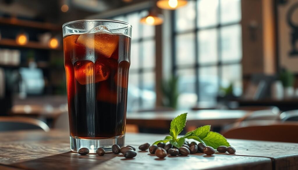 A close-up view of a glass of iced cold brew coffee, filled to the brim with dark, rich liquid, elegantly situated on a rustic wooden table. The glass is adorned with condensation droplets, hinting at its refreshing chill. In the foreground, a few coffee beans and a sprig of fresh mint are scattered around the base of the glass. The middle ground features a blurred background of a cozy coffee shop ambiance, with soft, ambient lighting casting a warm hue around. Sunlight filters through large windows, creating a relaxed, inviting atmosphere. The scene should evoke an appreciation for the complex nuances of cold brew coffee, emphasizing its rich flavor and caffeine content. The image should be crisp and vibrant, focusing on the details of the drink while maintaining a serene mood.