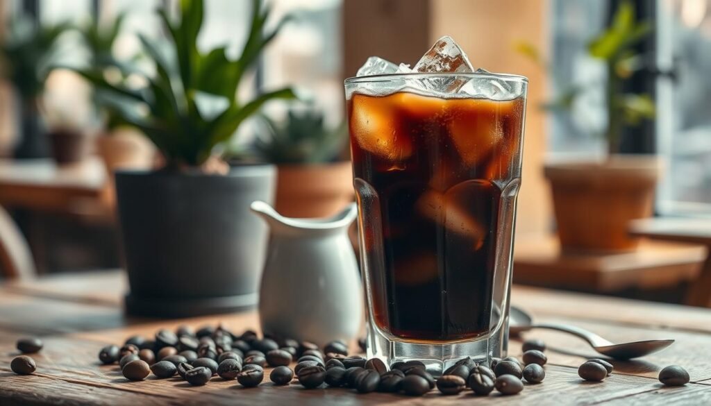 A close-up view of a refreshing glass of cold brew coffee, filled to the brim with dark, rich liquid and adorned with ice cubes glistening under soft natural light. The glass sits on a rustic wooden table, with condensation visible on its surface. Surrounding the glass, scattered coffee beans hint at the brew's origins, while a small, elegant milk jug and a spoon rest nearby, suggesting the possibility of added cream. In the background, a blurred café scene emerges, with warm tones and hint of greenery from potted plants, creating a cozy atmosphere. The overall mood is inviting and tranquil, emphasizing the smooth, rich texture and flavor profile of cold brew, contrasting it with the traditional coffee experience.
