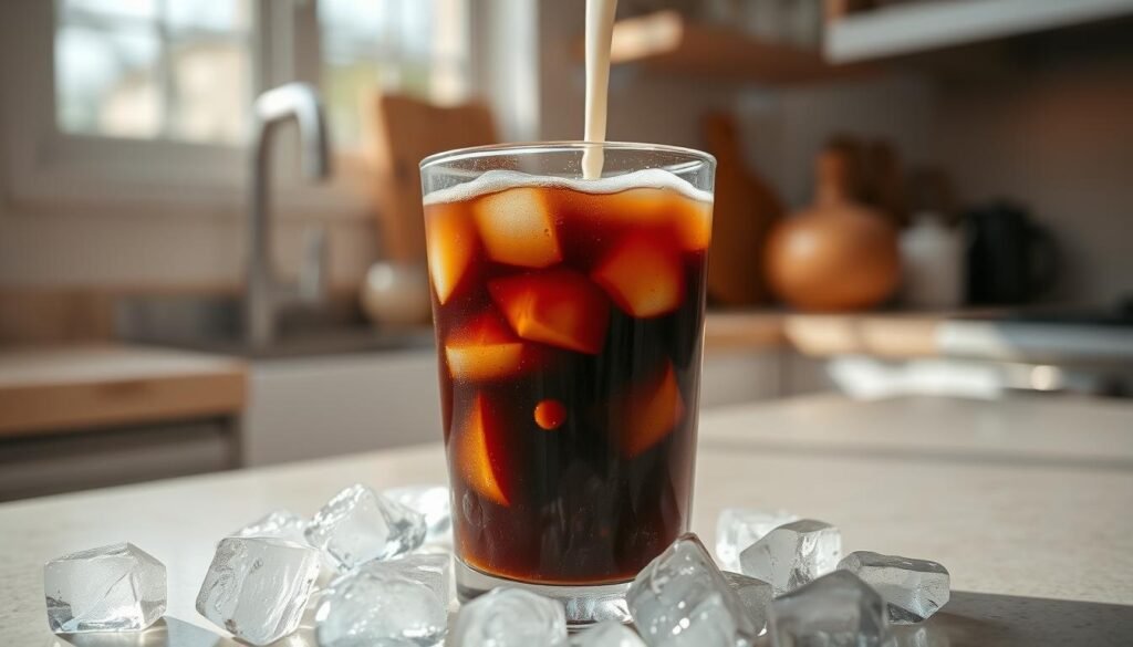 A close-up view of a refreshing glass of cold brew coffee served over ice, capturing the rich, dark brown color of the coffee contrasted against the shimmering ice cubes. The foreground focuses on the glass filled with ice, droplets of condensation glistening on the surface. In the middle, a small pitcher of creamy milk is poised to be poured into the coffee, adding a swirl of white contrast. The background features an inviting kitchen countertop with subtle natural light filtering through a nearby window, casting soft shadows that enhance the scene’s warmth. The overall mood is relaxed and refreshing, perfect for summer enjoyment, evoking a sense of comfort and customization.