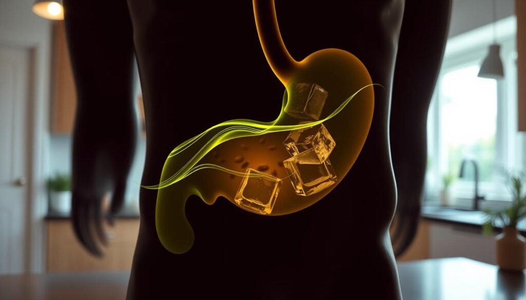 A close-up view of a somber, abstract representation of acid reflux, depicted as vibrant waves of digestive acids in shades of green and yellow tumbling upwards. In the foreground, a human stomach silhouette, rendered in a semi-transparent style, shows the reflux in action with faint lines indicating discomfort. The middle layer features a subtle overlay of coffee beans and ice cubes fading into a blurred background of a health-conscious kitchen environment, softly illuminated by natural light filtering through a window. The overall atmosphere is one of contemplation and awareness, capturing the duality of pleasure and discomfort associated with coffee consumption. The image is devoid of any text or signs, allowing the visual elements to convey the theme seamlessly.
