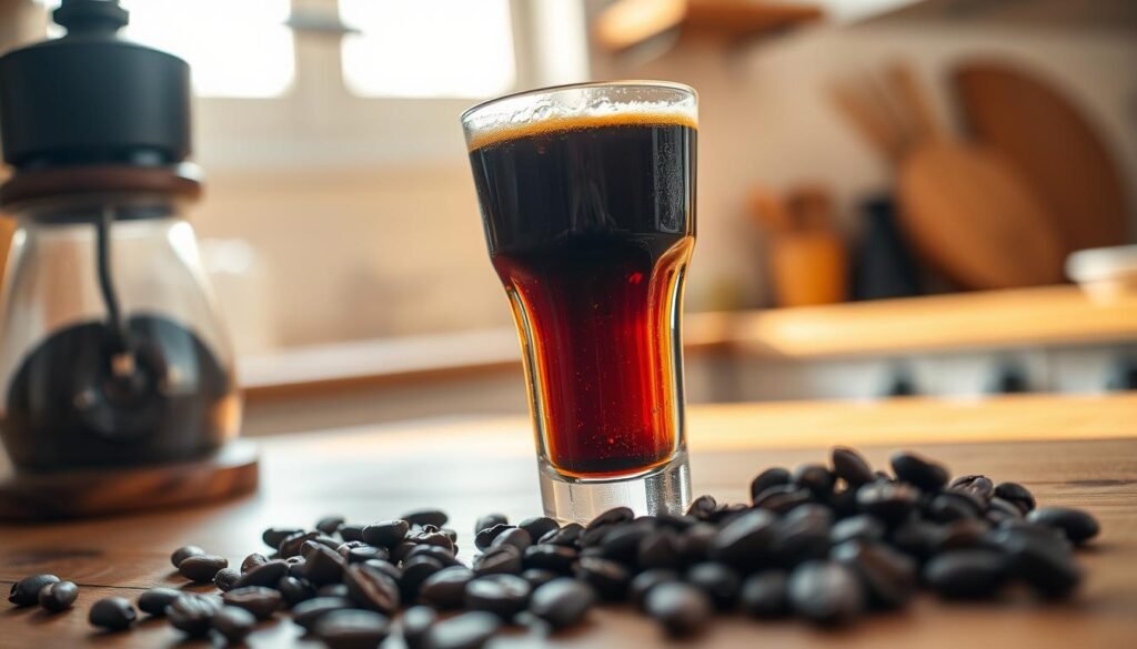 A close-up view of a stylish glass filled with rich, dark cold brew concentrate placed on a wooden table. The glass features condensation droplets, highlighting its cold nature, with a slight espresso-like crema on top. In the foreground, a coffee grinder and rough coffee beans add context, while in the middle, the vibrant glass of concentrate dominates the focus. The background is softly blurred to suggest a cozy kitchen setting, illuminated by warm, natural light streaming in from a window. The mood is inviting and refreshing, capturing the essence of cold brew coffee. The composition is shot with a shallow depth of field to enhance the details of the concentrate and create an atmosphere of sophistication and intrigue.