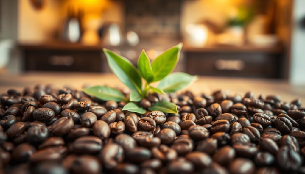A close-up view of freshly roasted coffee beans arranged artfully on a rustic wooden table. The foreground features various shapes and sizes of coffee beans, showcasing their rich, dark brown colors and glistening surfaces. In the middle ground, a few green coffee leaves add a touch of vibrant contrast, symbolizing the coffee's origin. The background is softly blurred, hinting at a cozy kitchen setting with warm, golden lighting that evokes a comfortable, inviting atmosphere. The lighting direction emphasizes the textures and natural gloss of the beans, while a shallow depth of field creates a sense of intimacy. The overall mood is warm, inviting, and perfect for a coffee enthusiast.