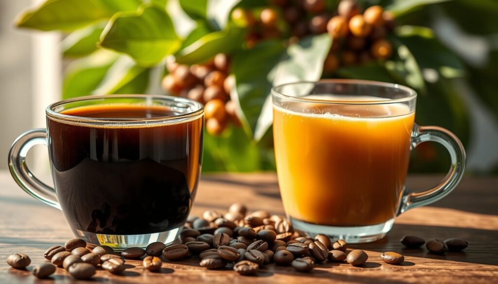 A close-up view of two coffee cups placed on a wooden table, one filled with a deep, dark hot coffee, and the other with a refreshing, golden cold brew. In the foreground, focus on the delicate swirling patterns of steam rising from the hot coffee, contrasted with the smooth, glistening surface of the cold brew. In the middle ground, soft, natural coffee beans are scattered artfully around the cups, emphasizing various shades of brown representing different acidity levels. The background features a softly blurred coffee plant with lush green leaves, suggesting wellness and comfort. The lighting is warm and inviting, casting gentle shadows while highlighting the texture of the coffee cups. The mood is relaxing and cozy, perfect for a calming coffee experience.