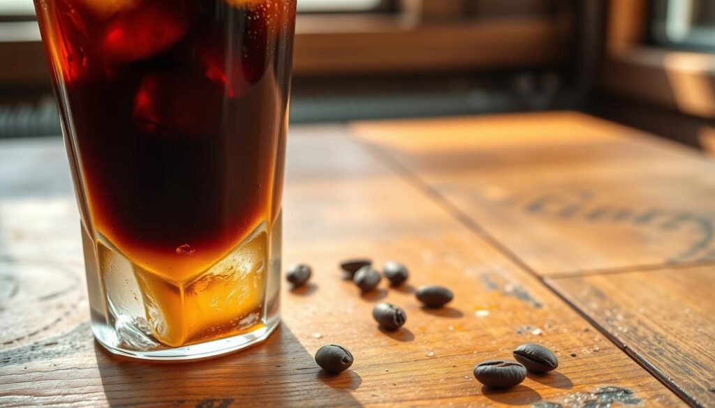 A detailed close-up shot of a refreshing glass of cold brew coffee, featuring a rich, dark brew cascading over ice cubes. In the foreground, the glass glistens with condensation, highlighting the smooth surface of the cold brew. The middle ground includes a few coffee beans scattered artistically, suggesting the brewing process. In the background, a rustic wooden table contrasts with the sleek glass, while soft, natural light filters in from a nearby window, casting a warm glow. The atmosphere is inviting and tranquil, evoking the pleasure of leisurely enjoying cold brew coffee. Emphasize the textures of the brew and the ice, creating a vivid representation of this world of coffee.