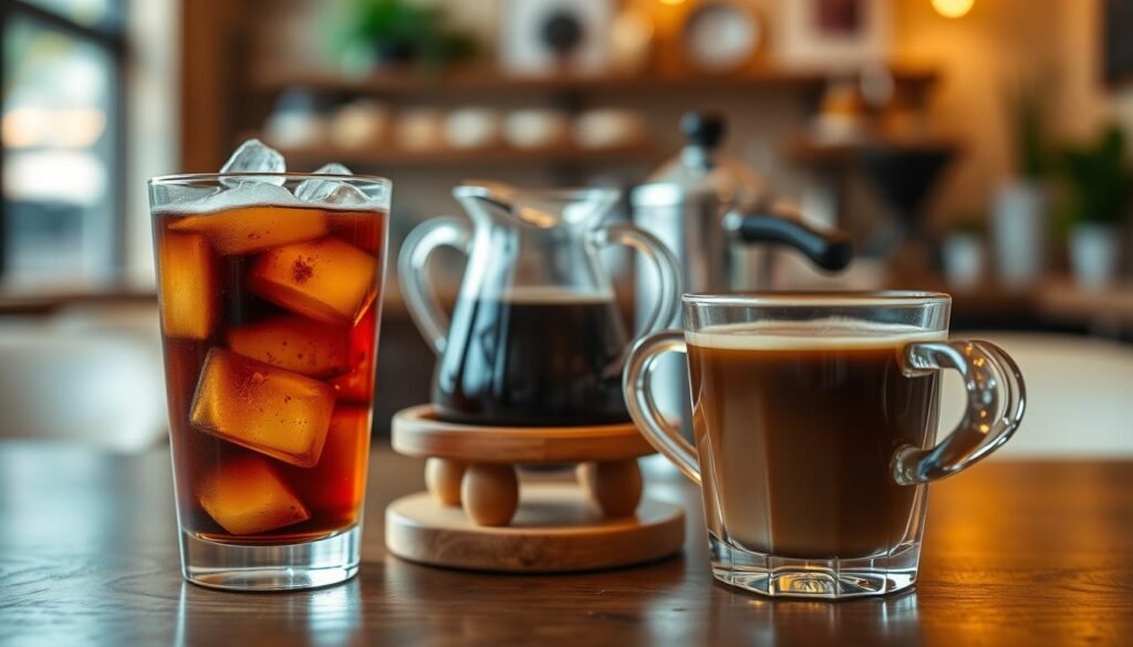 A detailed comparison scene featuring a cold brew coffee in a transparent glass with ice cubes on the left, and a steaming cup of hot coffee on the right. The foreground showcases the beverages clearly, capturing the rich color of the cold brew and the warm, inviting steam rising from the hot coffee. In the middle, a small wooden table holds a clear glass pitcher of cold brew and a classic coffee pot for the hot coffee, adding to the cozy atmosphere. The background includes a softly blurred café setting with warm, ambient lighting, creating a relaxing mood. The scene is captured from a slightly elevated angle to emphasize both drinks harmoniously.
