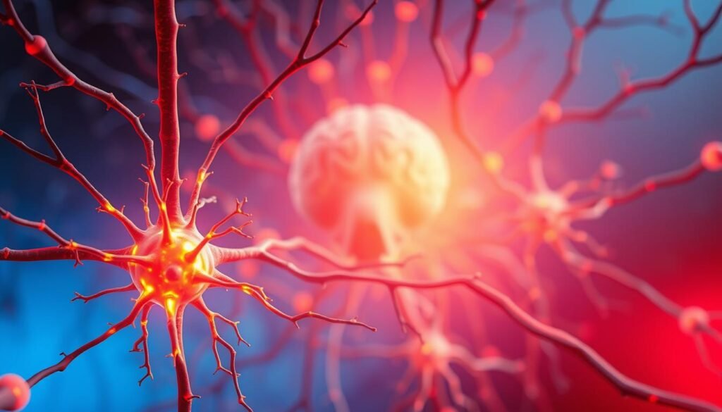 A detailed illustration of the human nervous system, showcasing the intricate network of nerves and synapses within the body. In the foreground, highlight a detailed, glowing representation of neurons firing, capturing the energy and intensity of the nervous response. In the middle ground, depict a soft, semi-transparent overlay of the brain, conveying the connection to anxiety as it interacts with the nervous system. The background should feature a gradient that transitions from a calm blue to a tense red, symbolizing the shift from relaxation to anxiety. Use dramatic lighting to cast shadows on the nervous pathways, enhancing depth, and employ a macro lens effect to focus on the neurons, creating a sense of urgency and tension. The overall atmosphere should evoke a feeling of scientific intrigue, illuminating the complexities of the nervous system.