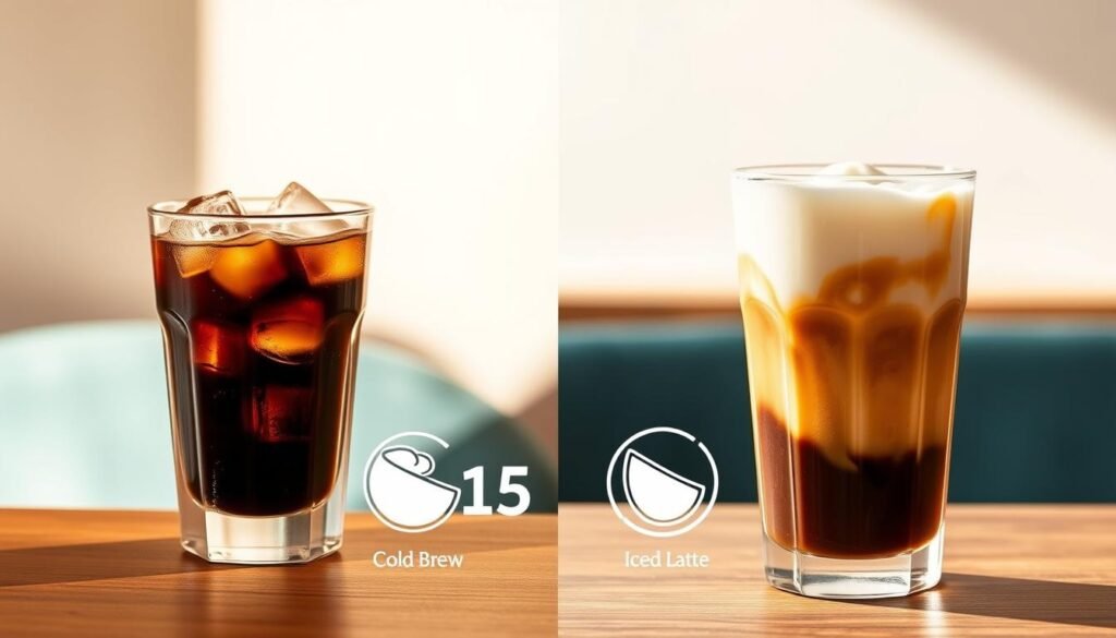 A dynamic split image showcasing two beloved coffee beverages: on the left, a cold brew coffee in a clear glass, filled with ice cubes, glistening under soft, natural light, showcasing its rich, dark color. On the right, an elegant iced latte with layered textures of creamy milk and coffee, adorned with a delicate froth, also in a clear glass, set against a bright, minimalist background. In the foreground, a subtle visual representation of caffeine content—perhaps in the form of graphics or icons—symbolizing their respective caffeine levels, with elements that evoke freshness and vitality. The scene should have a warm, inviting atmosphere, captured from a high angle to emphasize the contrast between the two drinks. Lighting should be bright yet soft, enhancing the inviting quality of both beverages.