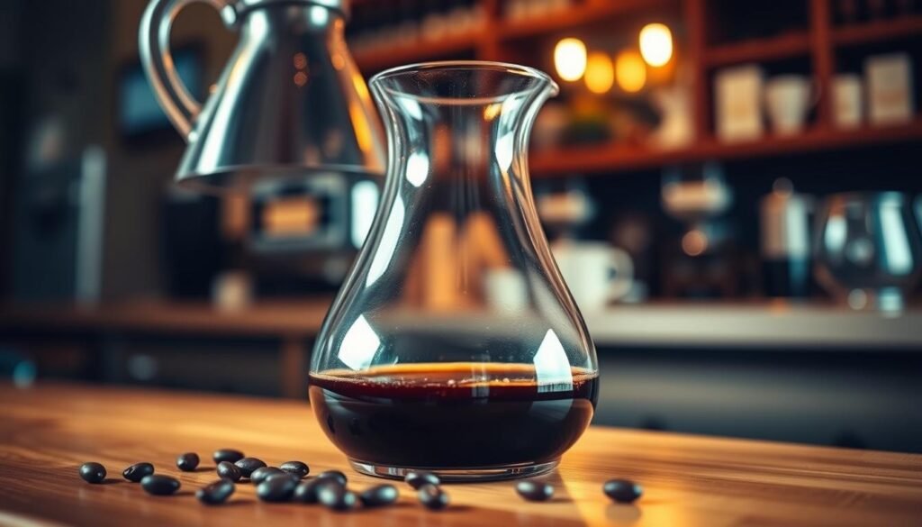 A glass decanter filled with dark, rich cold brew concentrate, placed on a wooden countertop. In the foreground, a few fresh coffee beans scattered around the base of the decanter add texture. The middle ground showcases the decanter with smooth curves, reflecting soft ambient light from overhead, casting delicate shadows. In the background, a blurred coffee shop scene with warm, inviting colors, suggesting a cozy environment. The lighting is warm, creating an inviting atmosphere that emphasizes the depth of the coffee's color. A slightly overhead angle captures the intricate details of the brewing process and highlights the essence of cold brew coffee. The overall mood is relaxed, promoting the enjoyment of savoring a chilled beverage.