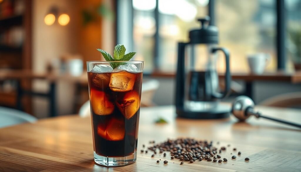 A glass of cold brew coffee sits prominently in the foreground, filled with dark, rich liquid and garnished with a sprig of fresh mint. Ice cubes glisten through the glass, reflecting soft, natural light that enhances the drink's appealing texture. In the middle ground, a wooden table showcases a minimalist coffee setup, with a chic cold brew maker and scattered coffee grounds, suggesting the crafting process. The background features a softly blurred café setting with warm, inviting lighting, capturing the cozy atmosphere of a coffee shop. The overall mood is refreshing and sophisticated, celebrating the contrast between cold brew and traditional coffee in a visually striking manner. The image should emphasize clarity and detail, with a focus on the allure of cold brew.