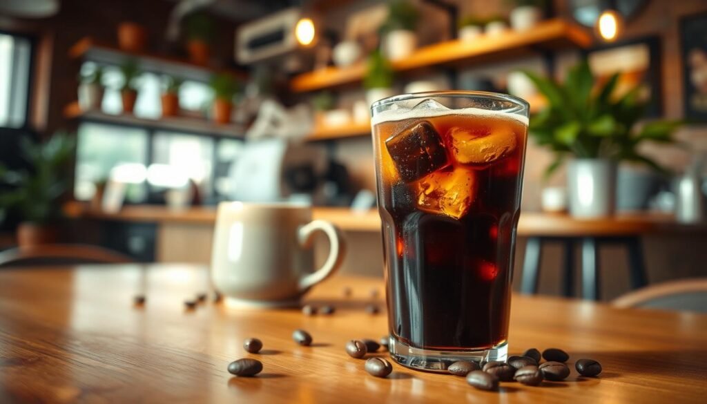 A refreshing glass of cold brew coffee sits prominently in the foreground, filled with dark, rich liquid and ice cubes glistening in soft light, surrounded by a few coffee beans for texture. In the middle ground, there’s a stylish ceramic mug steaming gently, set on a wooden table. The background features a softly blurred, cozy café ambiance with warm lighting, potted plants, and inviting shelves filled with coffee-related items. The scene conveys a calm yet energized mood, emphasizing vibrant, earthy tones of rich browns and greens. Use a shallow depth of field to focus sharply on the cold brew while creating a beautifully bokeh effect in the café setting, evoking a sense of warmth and welcoming energy.