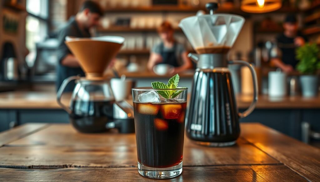 A refreshing glass of cold brew coffee sits prominently in the foreground, filled with dark, rich liquid, and a few ice cubes subtly glistening in the light. The glass is garnished with a sprig of fresh mint, adding a pop of green. In the middle ground, a rustic wooden table holds a classic pour-over coffee setup with a steaming cup of hot brew and a pitcher of iced coffee, demonstrating the contrast. Soft, warm lighting bathes the scene, enhancing the inviting atmosphere. In the background, a blurred coffee shop setting can be seen, with baristas and customers going about their day, creating a lively yet relaxed mood. The image captures the essence of cold brew and its distinction from regular coffee with clarity and appeal.